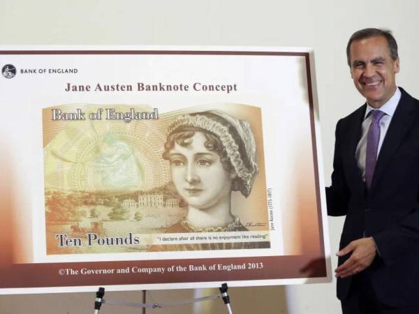 Diseño del billete de diez libras, que muestra el rostro de la novelista británica Jane Austen