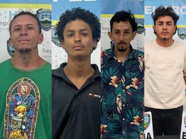 Fotografía de los cuatro presuntos distribuidores independientes de droga capturados en El Progreso, Yoro.