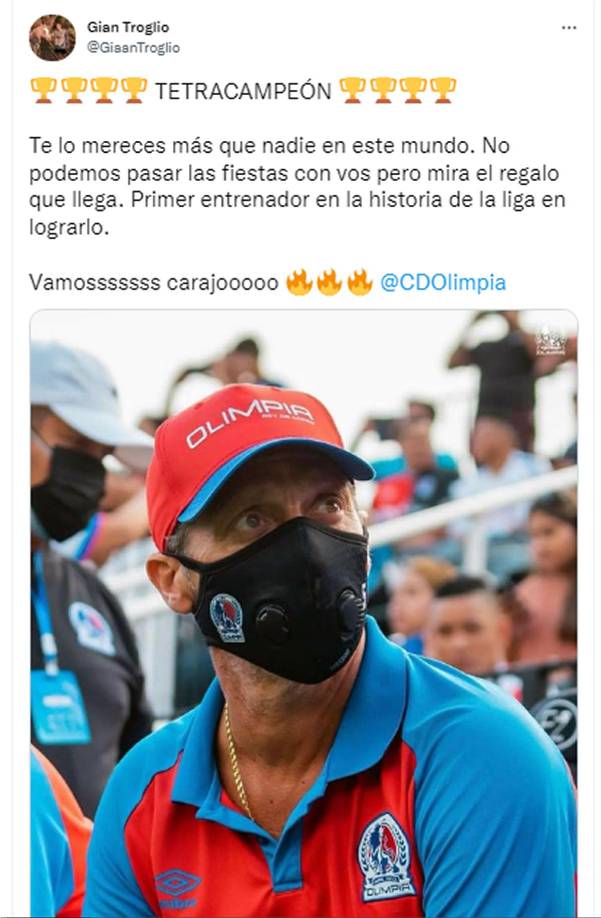 Gian Troglio, hijo de Pedro, escribió un mensaje para su padre. “Tetracampeón. Te lo mereces más que nadie en este mundo. No podemos pasar las fiestas con vos pero mira el regalo que llega. Primer entrenador en la historia de la liga en lograrlo. ¡Vamos carajo, Olimpia”.