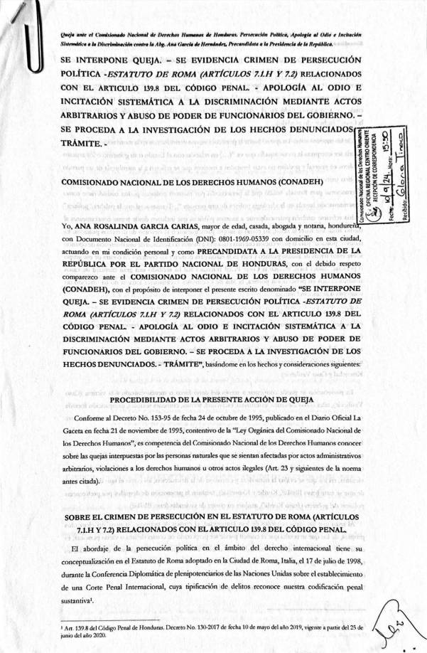 En la denuncia presentada por Ana García se lee que interpone queja donde evidencia crimen de persecución política, establecidos en el estatuto de Roma y el Código Penal, como ser apología al odio e incitación sistemática a la discriminación mediante actos arbitrarios y abuso de poder de funcionarios del Gobierno.