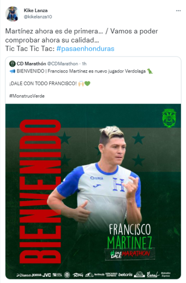 El periodista Kike Lanza es uno de los que ha cuestionado el llamado de Francisco Martínez a la selección y ahora se pronunció tras el fichaje del volante por Marathón: “Vamos a poder comprobar ahora su calidad”, puntualizó.