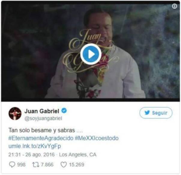 Por medio de su cuenta de Twitter, el 'Divo de Juárez' envió un último mensaje al publicó y parecía una despedida anticipada, pues agradeció a México la lealtad.