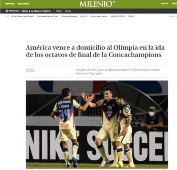 Milenio de México - “América vence a domicilio al Olimpia en la ida de los octavos de final de la Concachampions“.
