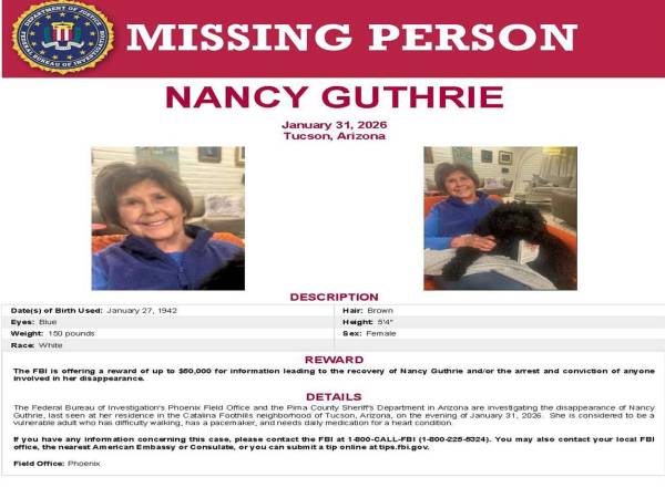 Fotografía cedida por el FBI que muestra el cartel de búsqueda de Nancy Guthrie, la mujer de 84 años desaparecida desde la noche del sábado 31 de enero en la ciudad de Tucson, Arizona (Estados Unidos). EFE