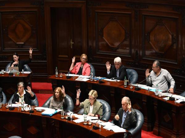 Un grupo de senadores uruguayos de la bancada del Frente Amplio al votar este miércoles, 15 de octubre, durante el debate del proyecto de ley “Muerte Digna”, que legaliza la eutanasia en Uruguay, en la sede del Parlamento en Montevideo. EFE/Federico Gutiérrez