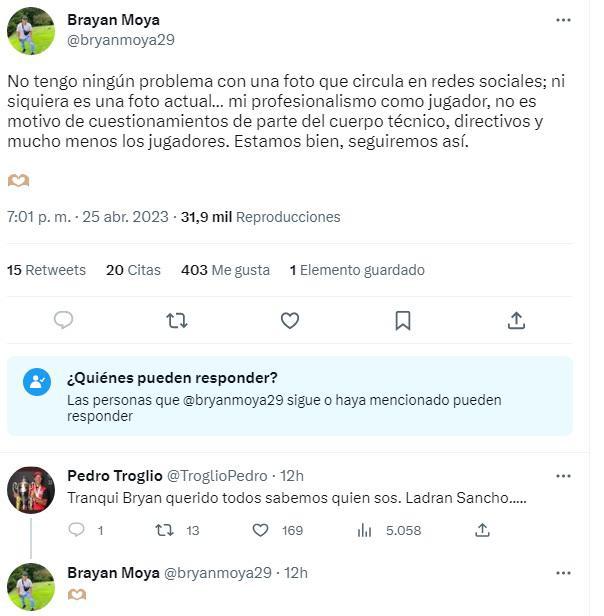 El mensaje de Moya y la respuesta de Pedro Troglio tras las críticas por la fotografía.