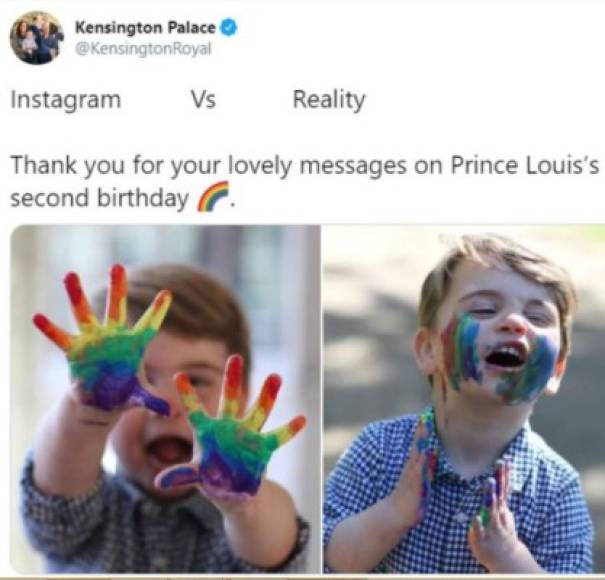 El príncipe William y Kate han hecho suyo el hashtag 'Realidad vs Instagram' para desvelar cómo acabó Louis después de la sesión fotográfica improvisada que montaron en su casa: con la cara embadurnada de pintura y una mueca muy divertida. 'Gracias por todos vuestros mensajes de cariño en el segundo cumpleaños del príncipe Luis', escribieron junto a esa divertida instantánea.<br/>