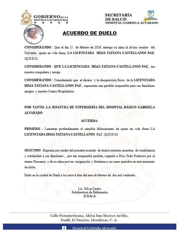 Acuerdo de duelo del Hospital Gabriela Alvarado de Danlí, El Paraíso, sobre el fallecimiento de la enfermera Tatiana Castellanos.