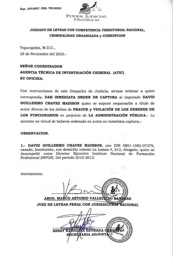 Orden de captura emitida este martes por un juzgado de letras en contra de David Chávez, presidente del Partido Nacional de Honduras.