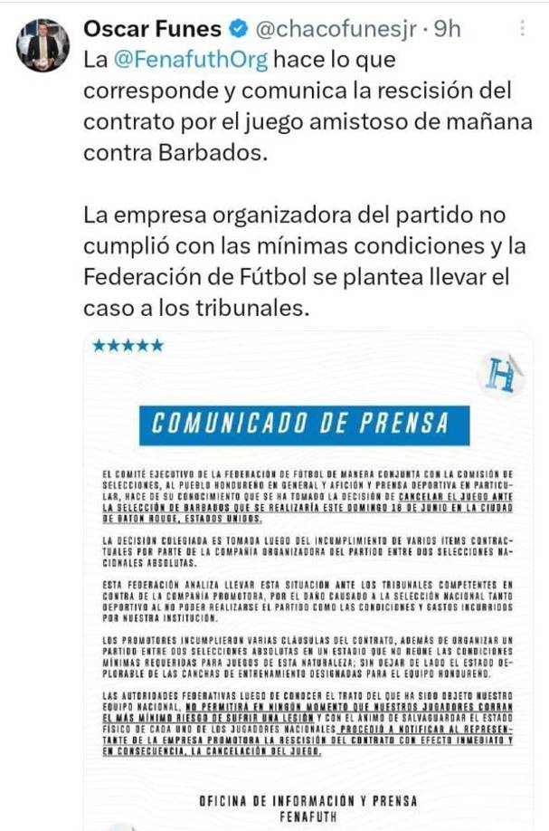 Óscar Funes, periodista hondureño informó la decisión que se tomó de cancelar el encuentro amistoso de Honduras ante Barbados.
