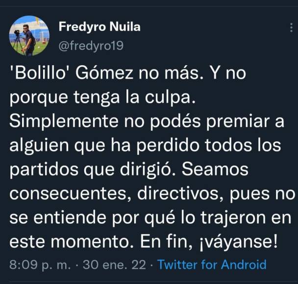 Fredy Nuila: El periodista hondureño señaló que “Bolillo” Gómez no debe seguir al frente de la Bicolor. 