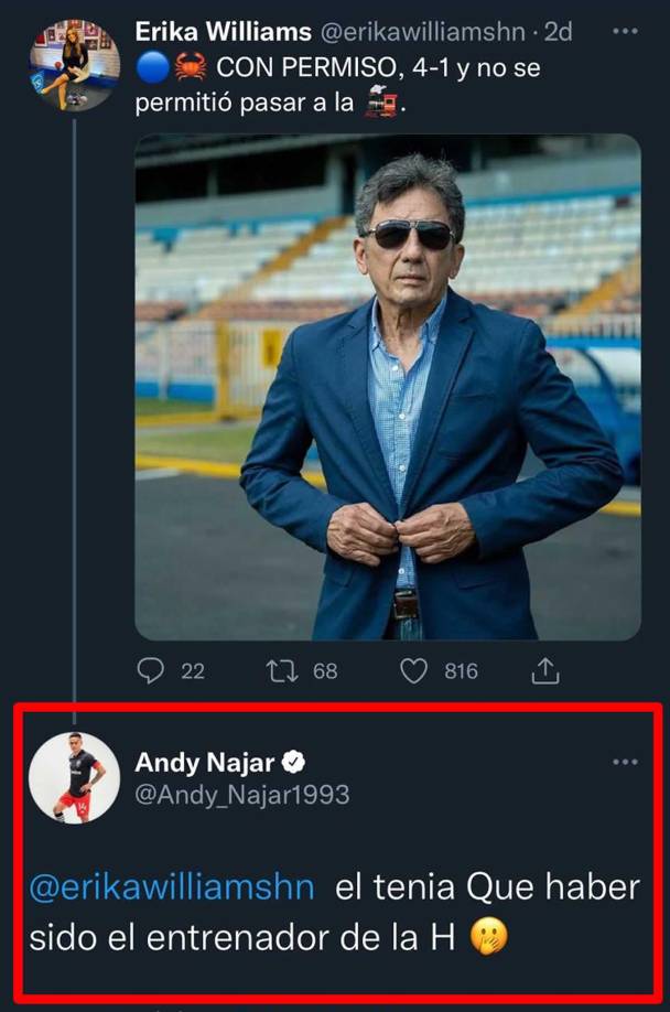 Andy Nájar se ha pronunciado sobre el que considera debió de ser el técnico de la Selección de Honduras tras la salida de Fabián Coito. “Él (Salomón Nazar), tenía que haber sido el entrenador de la H”, fueron las cortas pero contundentes palabras del lateral catracho sobre una publicación de la periodista hondureña Erika Williams sobre el DT del Victoria en Twitter. El futbolista declinó en noviembre a la convocatoria de la Bicolor ya bajo el mando del ‘Bolillo’ Gómez.