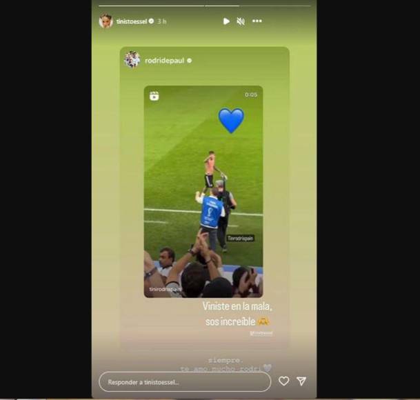 “Viniste en la mala, sos increíble”, escribió posteriormente Rodrigo en sus redes sociales para agradecer la presencia de Tini en un enfrentamiento tan importante. “Siempre. Te amo mucho, Rodri”, respondió ella para declararle su amor.