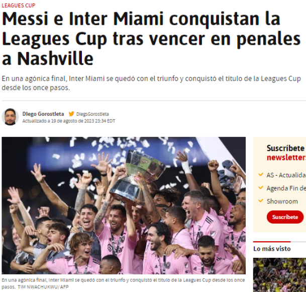 Diario AS de España: “Messi e Inter Miami conquistan la Leagues Cup tras vencer en penales a Nashville”.