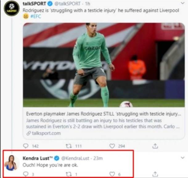 '¡Ouch! Espero que esté bien', escribió Kendra Lust a James Rodríguez en Twitter preocupándose por su inflamación en los testículos.