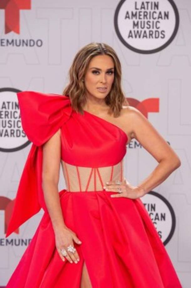 El traje voluminoso de un fuerte color rojo, combinaba el corte princesa con transparencias en la cintura y un gran lazo al cuello.