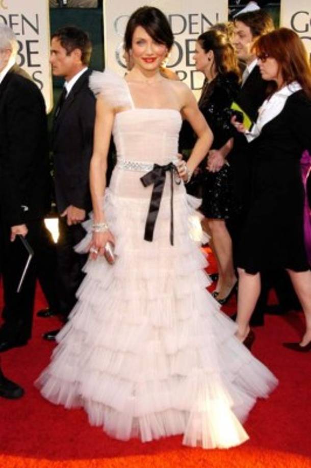Cameron Diaz en 2007 morocha y en Valentino.<br/>