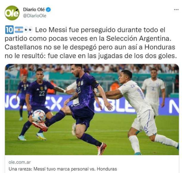 Medios argentinos se vieron sorprendieron con Héctor Castellanos ya que el futbolista hondureño le hizo marca personal a Lionel Messi.
