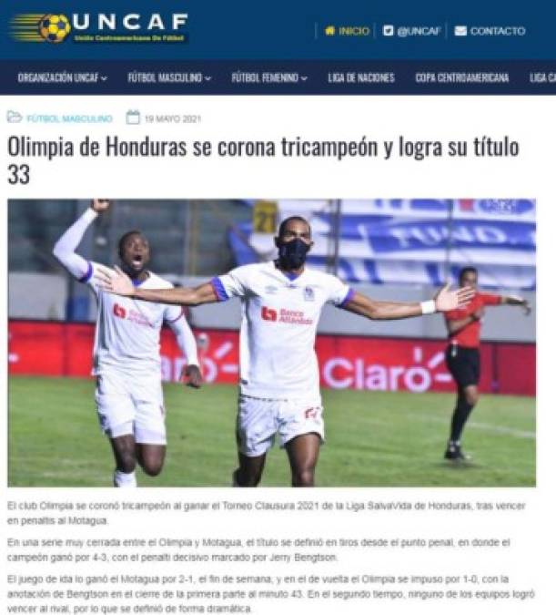 La Uncaf (Unión Centroamericana de Fútbol) destacó en su portal web el triunfo del Olimpia.