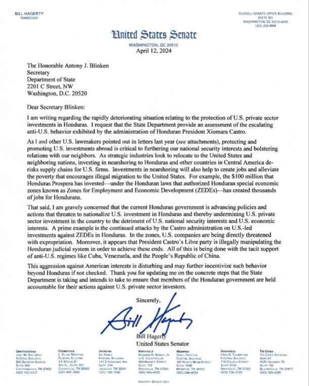 La carta enviada hoy martes por el senador Hagerty al Secretario de Estado Antony Blinken.