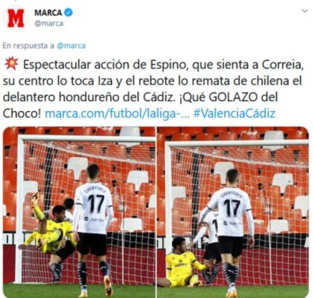 'Qué golazo del Choco', fueron unos de los mensajes del Diario Marca tras el gol del hondureño en Mestalla.
