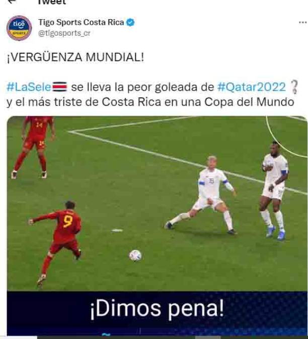 “Vergüenza Mundial. Dimos pena”, señaló Tigo Sports de Costa Rica.
