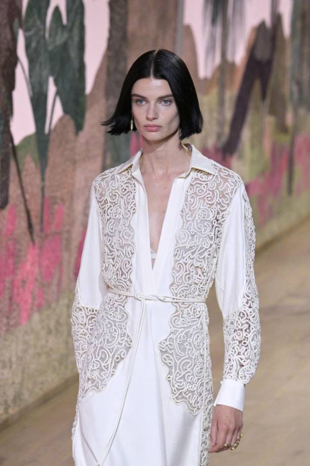 A model presents a creation by Christian Dior during the Women's Haute-Couture Fall/Winter 2023/2024 Fashion Week in Paris on July 3, 2023. (Photo by Alain JOCARD / AFP)