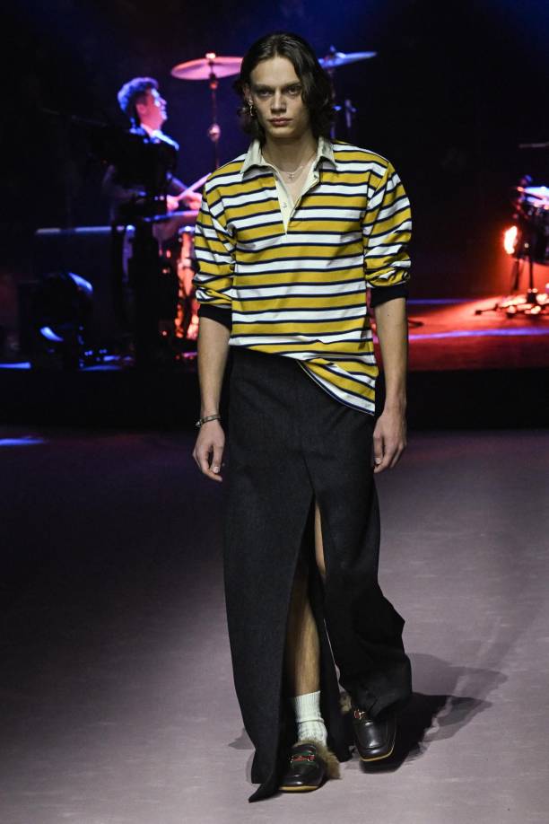 A model presents a creation for Gucci's men's fall/winter 2023/24 fashion collection in Milan on January 13, 2023. 