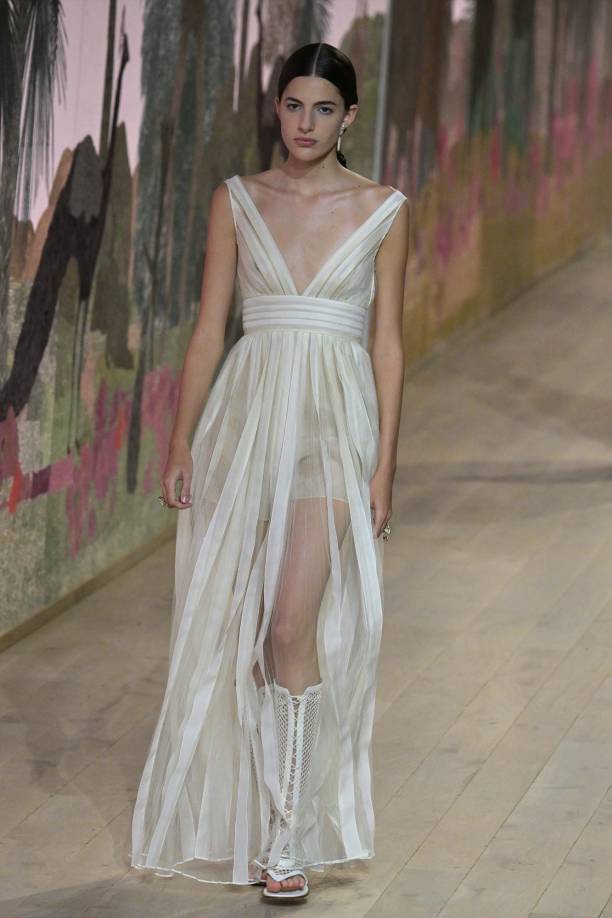 A model presents a creation by Christian Dior during the Women's Haute-Couture Fall/Winter 2023/2024 Fashion Week in Paris on July 3, 2023. (Photo by Alain JOCARD / AFP)