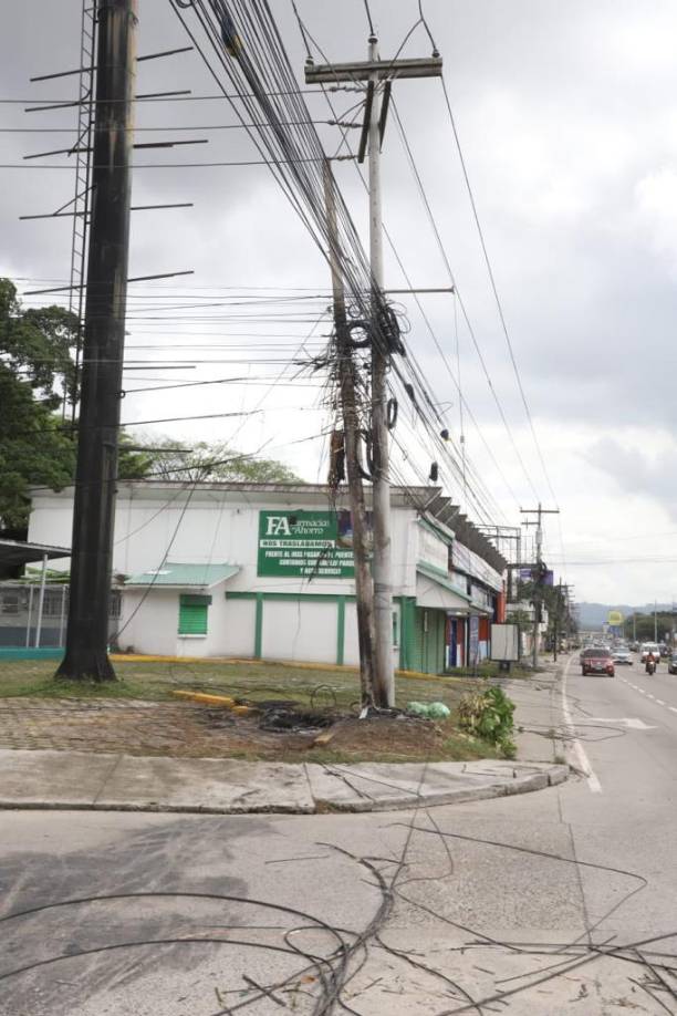 Un peligro para peatones son las enredaderas de los extensos y pesados cables tirados en la mediana y calle.