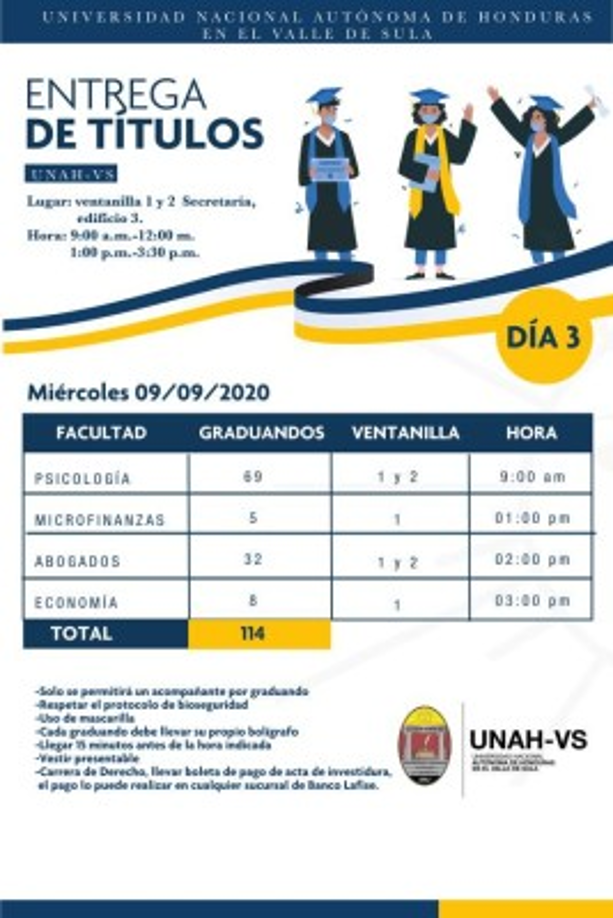 El tercer día de entrega de títulos será el miercoles 9 de septiembre con cuatro carreras involucradas.