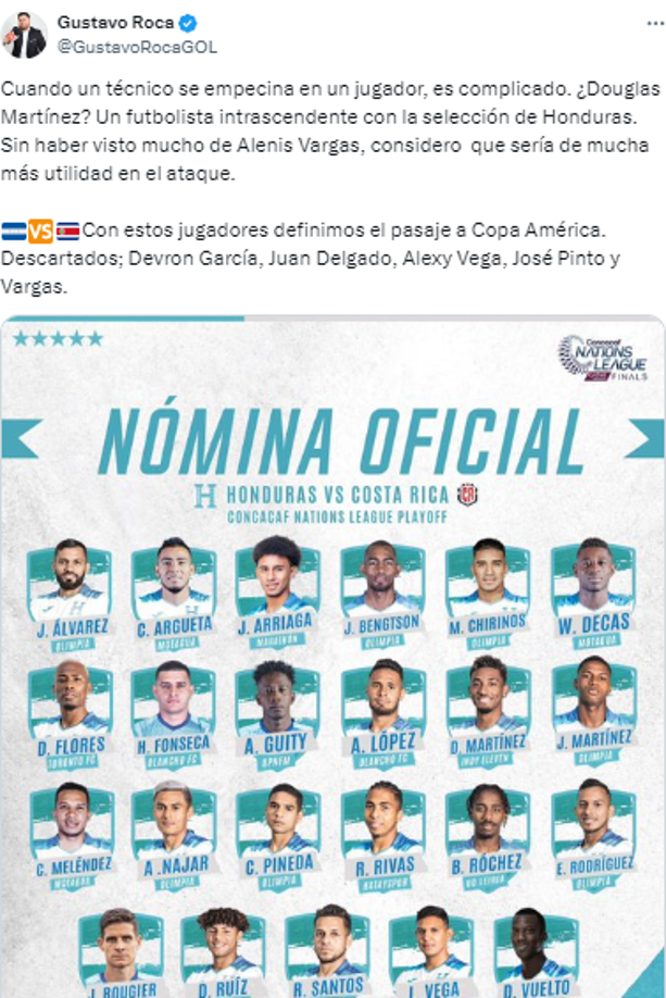 Asimismo, se pronunció sobre la lista final de Honduras : “Cuando un técnico se empecina en un jugador, es complicado. ¿Douglas Martínez? Un futbolista intrascendente con la selección de Honduras. Sin haber visto mucho de Alenis Vargas, considero que sería de mucha más utilidad en el ataque”.