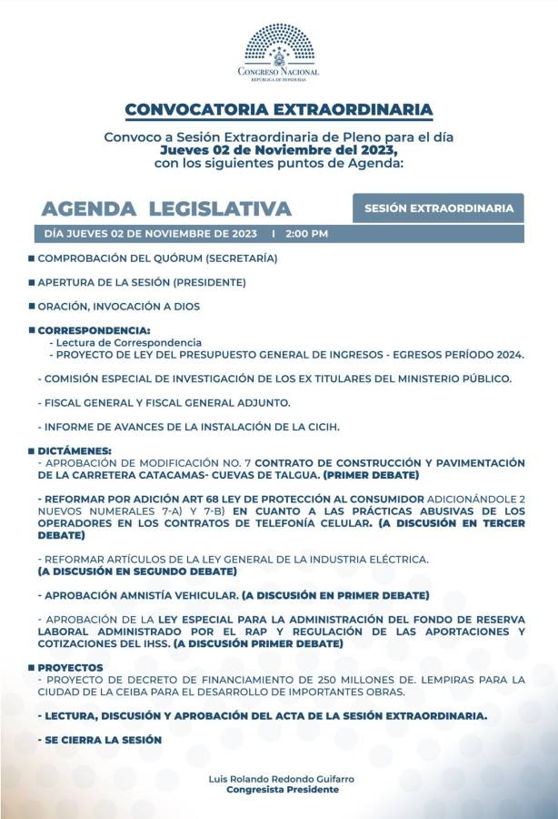 La agenda legislativa del Congreso Nacional de Honduras para la sesión del jueves 2 noviembre a las 2:00 pm.
