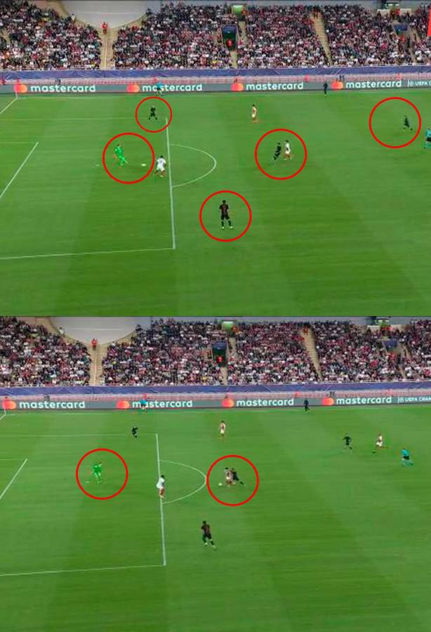 Ter Stegen eligió mal a su pasador, Eric García no pudo llegar al balón y cometió la falta que le costó la expulsión.