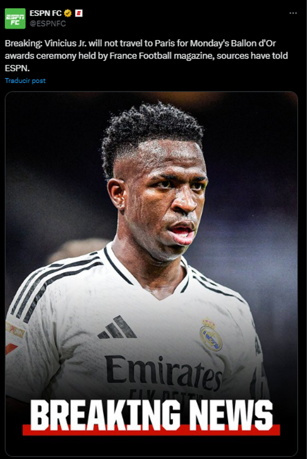 Revuelo en las redes sociales tras el anuncio de que Vinicius no asistió a la gala del Balón de Oro 2024.