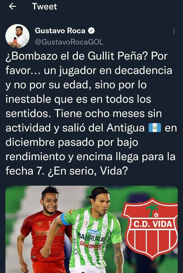 El periodista Gustavo Roca lanzó un fuerte mensaje sobre el fichaje del mexicano: ¿Bombazo el de Gullit Peña?Por favor, un jugador en decadencia y por no su edad, sino por lo inestable que es en todos los sentidos.¿En serio, Vida? indicó. 