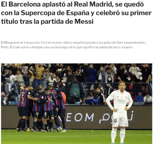INFOBAE: “El Barcelona aplastó al Real Madrid, se quedó con la Supercopa de España y celebró su primer título tras la salida de Messi”