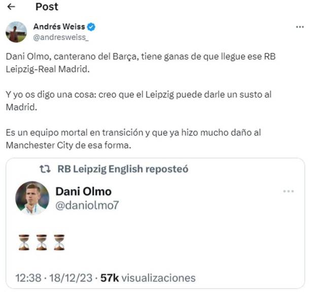 El futbolista Dani Olmo, volante del Leipzig, dejó un peculiar mensaje en donde evidencia su deseo por que llegue la fecha de ese juego ante Real Madrid.