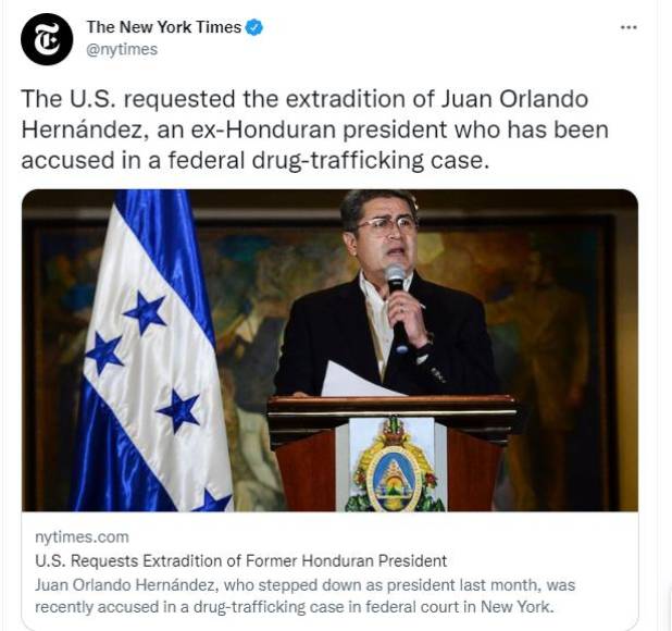 Medios internacionales destacan este martes la solicitud de Estados Unidos a Honduras para la extradición del expresidente Juan Orlando Hernández (2014-2022), sobre quien pesan señalamientos por narcotráfico.