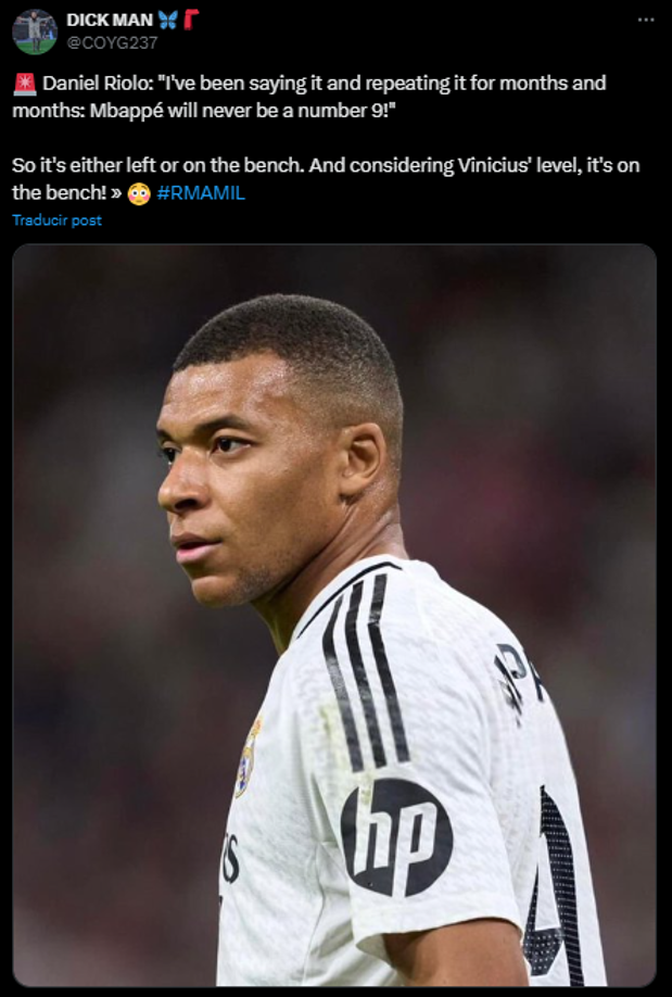 Daniel Riolo: “Lo llevo diciendo y repitiendo meses y meses: ¡Mbappé nunca será un número 9!”