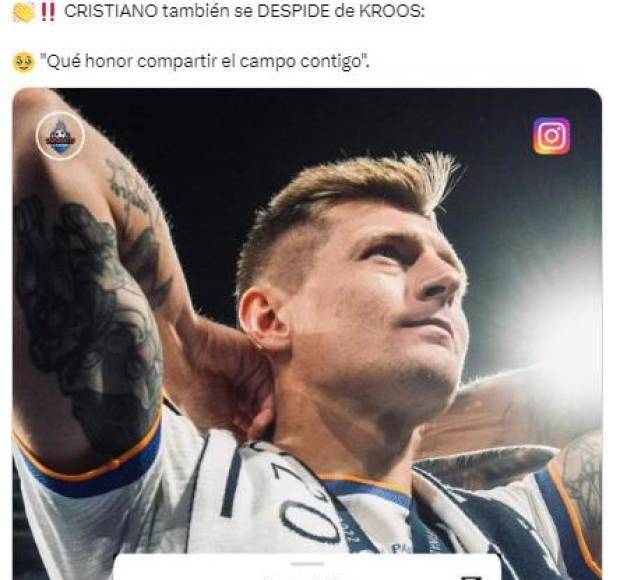 Cristiano Ronaldo en la publicación de Toni Kroos: “Que honor compartir el campo contigo. Todo lo mejor para tu futuro”.