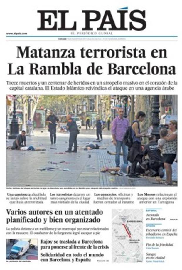 Diario EL PAÍS, el más conocido de los medio españoles destacó el ataque en su portada.