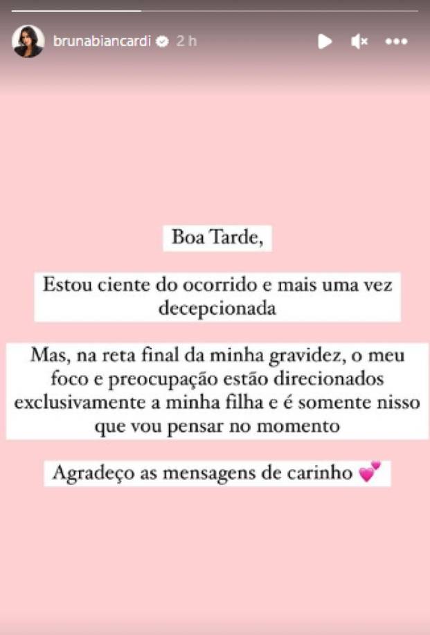 Cuando se filtraron las imágenes del brasileño, Bruna colgó un comunicado que decía lo siguiente: “Soy consciente de lo que pasó y una vez más estoy decepcionada. Pero, en la recta final de mi embarazo, mi preocupación se dirige exclusivamente a mi hija y es en lo único que voy a pensar”.