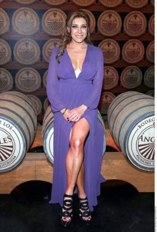 La actriz Cynthia Klitbo lució con un vestido color lila, durante la presntación de la nueva telenovela Vino el Amor.