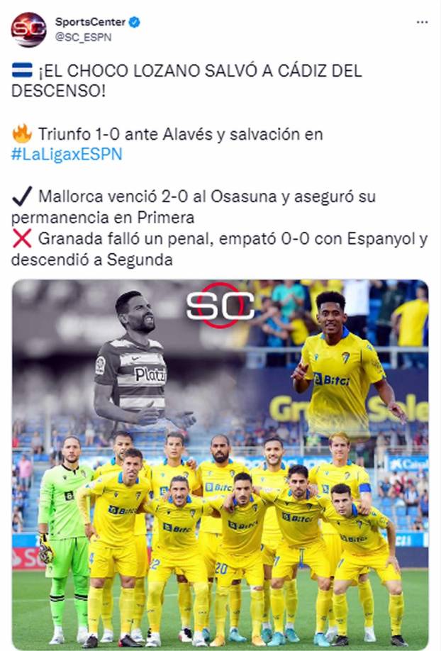 ESPN - “El Choco Lozano salvó al Cádiz del descenso”.