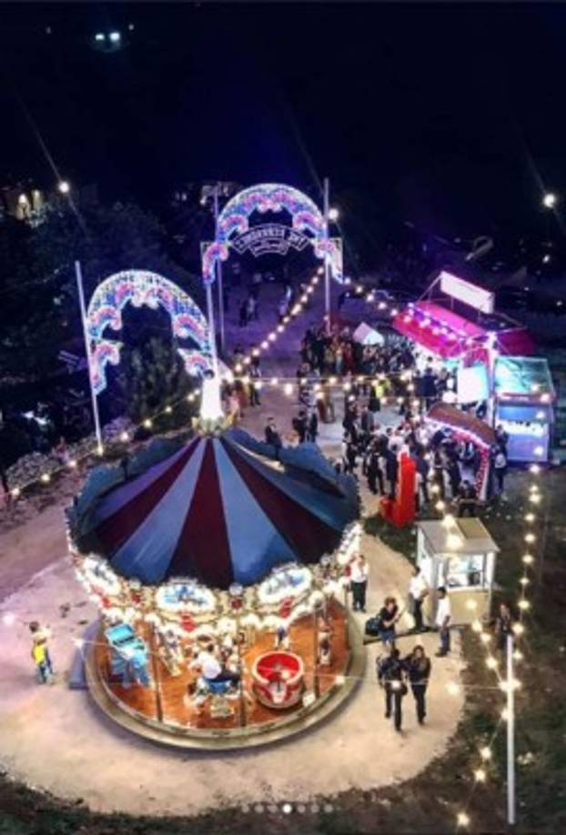 La pareja convirtió su fiesta en un parque de diversiones que contaba con un carrusel y máquinas para sacar peluches.