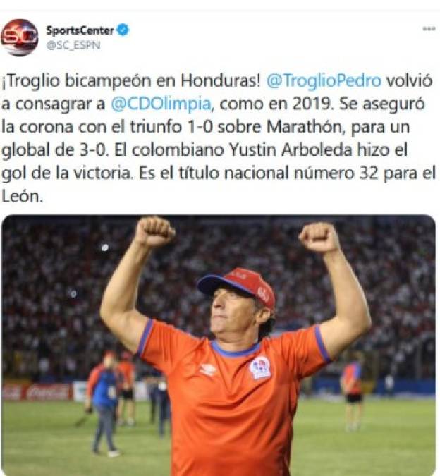 En sus redes sociales el programa SportsCenter de ESPN destacó el enorme trabajo de Pedro Troglio como DT del Olimpia.