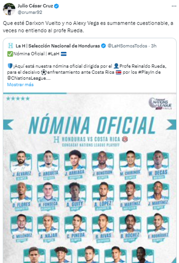 Julio Cruz de Diario El Heraldo: “Que esté Darixon Vuelto y no Alexy Vega es sumamente cuestionable, a veces no entiendo al profe Rueda”.