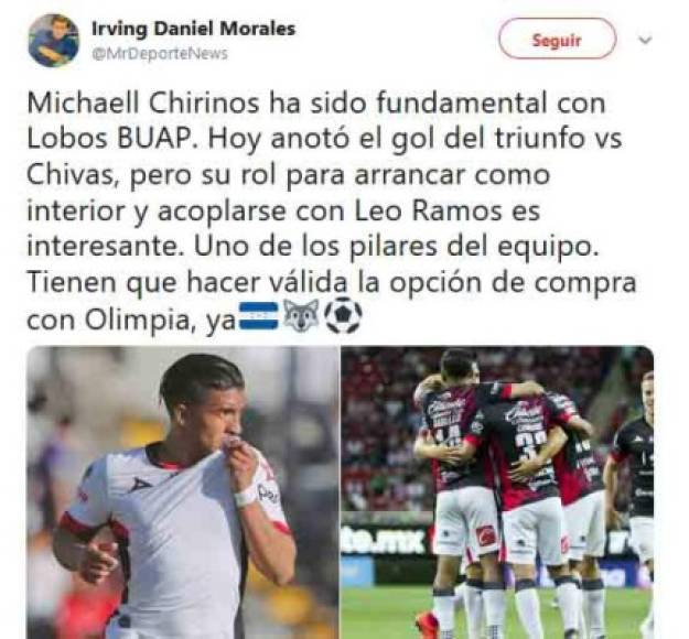 Periodistas mexicanos han recordado que Chirinos está a préstamo en Lobos BUAP y piden que el club mexicano se lo compre al Olimpia.