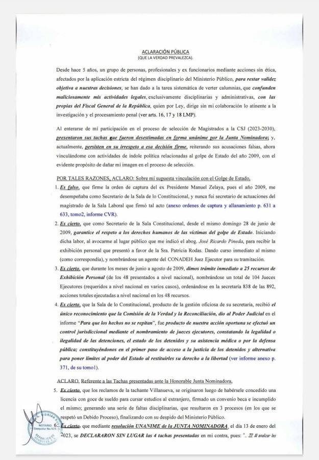 Aclaratoria pública del Fiscal Adjunto, Daniel Sibrián Bueso.